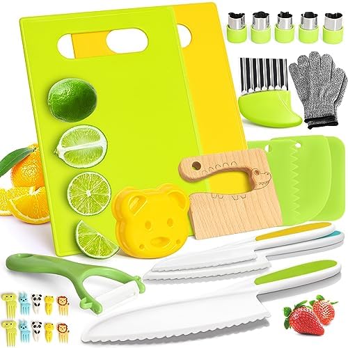 28PCS Toddler Knife Set - Kids Knifes for Real Cooking, Montessori Kids Kitchen Knife Set with Cutting Board Crinkle Cutters Kid Safe Knives, Toddlers Kitchen Tools for Age 2-10 Year Old Girl Boy