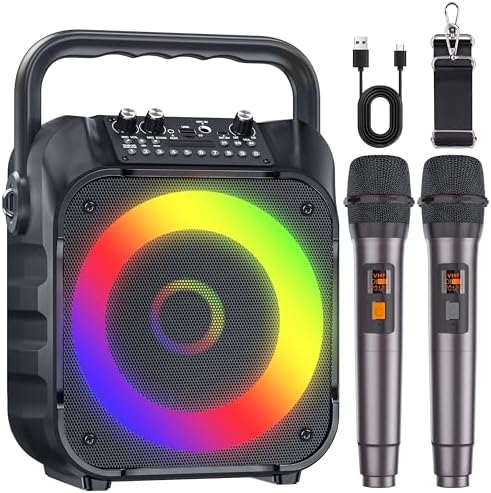 Karaoke Machine with Two Wireless Microphones, Portable Karaoke Machine for Adults & Kids, Portable Bluetooth Speaker with PA System, LED Lights, Supports TF Card/USB, AUX in, FM, USB,TWS (Black)…