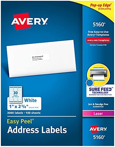 Avery Easy Peel Printable Address Labels with Sure Feed, 1" x 2-5/8", White, 3,000 Blank Mailing Labels (05160)