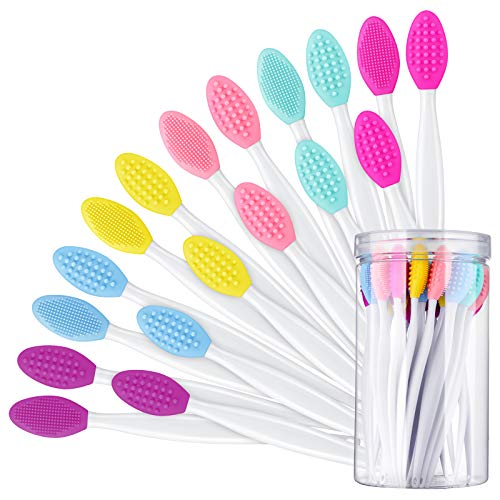 Patelai 24 Pcs Silicone Exfoliating Lip Brush with Container, Double Sided Silicone Lip Scrubber Soft Cleaning Brush Face Cleaning Applicator for Plump Smoother Lip Appearance(Mixed Colors)