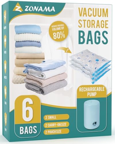 Vacuum Storage Bags for Travel, Combo 6 Pack Travel Vacuum Sealed Bags with 1500mAh Portable Rechargeable Electric Pump for Clothes, Pillows, Comforters, Travel Luggage, Backpack, Travel Essentials