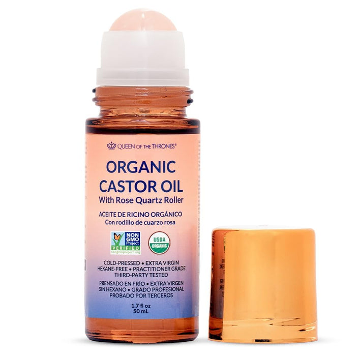 QUEEN OF THE THRONES® Organic Golden Castor Oil Roll-On with Rose Quartz | 100% Pure for Skin, Brows & Lashes and less mess Castor Oil Packs | Hexane-Free | USDA Certified | Cold-Pressed 1.7oz (50mL)