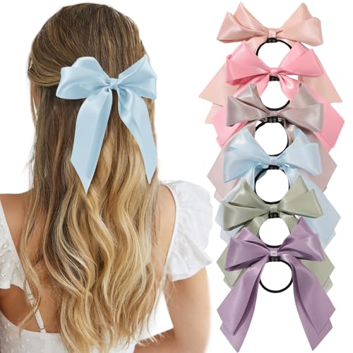 Yougeigy 6PCS Bow Hair Ties, Satin Hair Ribbon, Ribbon Hair Bows for Women Girls, Elastics Hair Scrunchies for Thick Thin Hair, Bows Hair Accessories for Valentine's Day