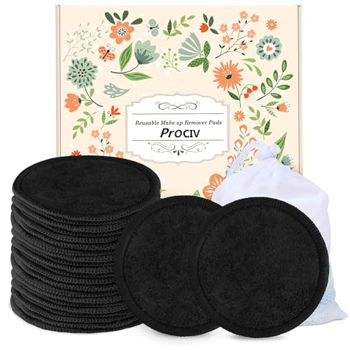 ProCIV Reusable Makeup Remover Pads - 25 Packs Washable Organic Reusable Cotton Rounds for All Skin Types & Toner with Laundry Bag, Eco Friendly Zero Waste Reusable Cotton Pads Travel Gadgets (Black)