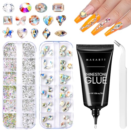 Makartt Nail Rhinestones with Gel Nail Glue Set,30g 3D Nail Gel Adhesive Nail Rhinestone Glue for Gems Crystal Nail Decorations with Tweezer for Nail Design Nail Crafts Acrylic On Nails DIY Gifts