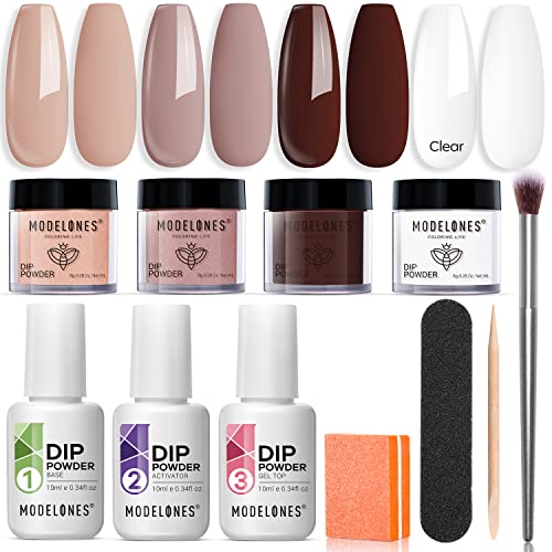 Modelones Dip Powder Nail Kit Starter, 4 Colors Nude Brown Skin Tones Dipping Powder Liquid Set with Base Top Coat Activator Nail Art Beginner DIY Salon