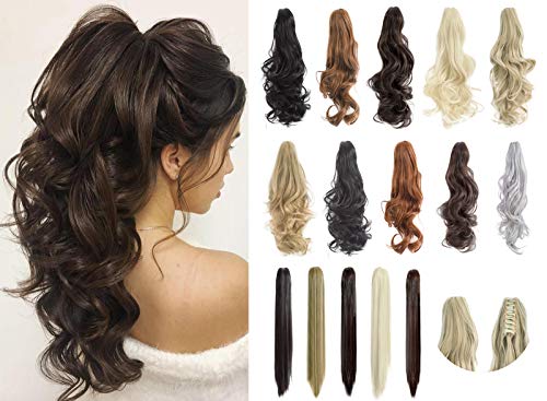 FELENDY Ponytail Extension Claw 18" 20" Curly Wavy Straight Clip in Hairpiece One Piece A Jaw Long Pony Tails for Women (Wine Red,Straight)