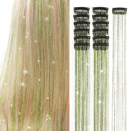Ubeleco Hair Tinsel Packs of 12Pcs Clip in Hair Tinsel Kit 20.5 Inch Fairy Hair Tinsel Kit for Christmas New Year Tinsel Hair Extensions for Women Girls Kids (12Pcs, Grass Green)