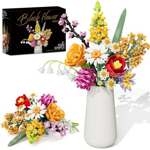 Flowers Bouquet Building Set, 1070PCS Wildflower Botanical Collection, Artificial Plant Flower Kit Toy for Adults Kids Women Her, Home Decor Gift for Birthday, Valentine's Day, Christmas (No Vase)