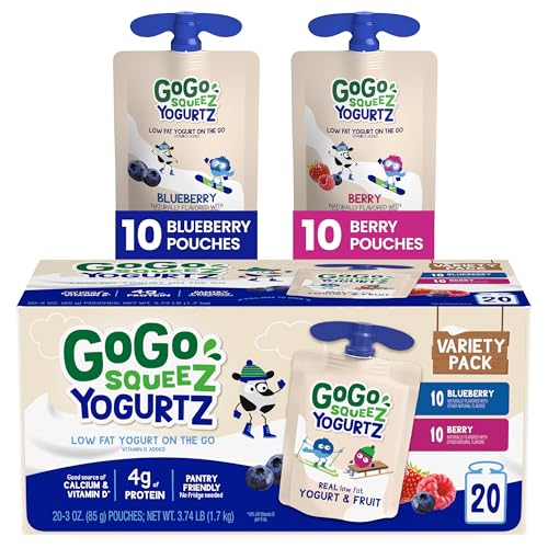 GoGo squeeZ yogurtZ Variety Pack, Blueberry & Berry, 3 oz (Pack of 20), Kids Snacks Made from Real Yogurt and Fruit, No Fridge Needed, Gluten Free, Nut Free, Recloseable Cap, BPA Free Pouches