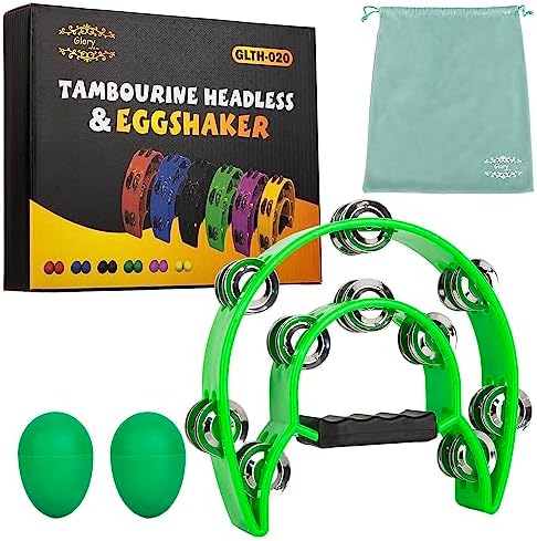 Glory Double Row Tambourine, Half Moon Double Row Metal Jingles Hand Held Instruments Percussion with Handle Grip, Tambourines for Adults, Party,Gift,Green