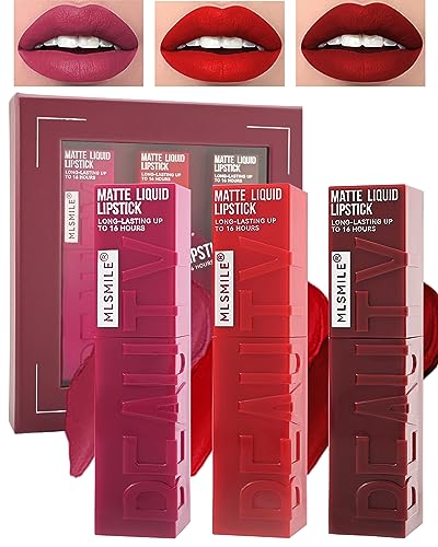Matte Liquid Lipstick Set-3Pcs High Pigmented Lip Stain Tint,Matte Velvet Lip Gloss,Up to 16H Wear Lipgloss,Long Lasting Waterproof Non-Stick Tinted Lipstain,Women‘s Day Makeup Gift Kit for Women-SetB
