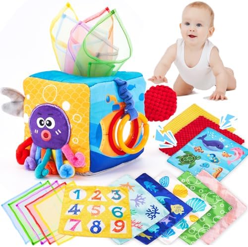hahaland Baby Tissue Box Toy - Baby Toys 6-12 Months Montessori Toys for 6 Month Old Toys with Textured Tails, Cloth Tissues, Crinkle, Squeaky Sounds, Mirror - Easter Basket Stuffers Baby Gifts
