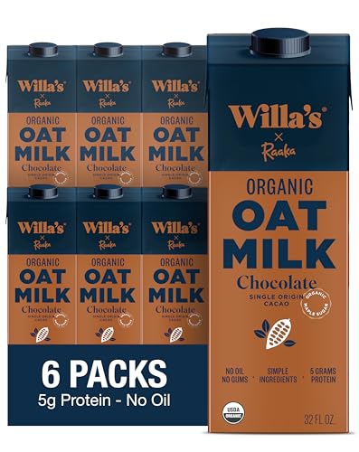 Willa's Organic Oat Milk - Chocolate Unsweetened Cacao Oatmilk, Non-GMO, Shelf Stable, Low Sugar, Non-Dairy Milk, Made from Whole Grain Oats, No Oil, No Gums, 32 Oz - Pack of 6
