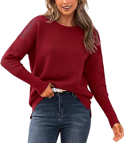 BTFBM Trendy Women Sweater Fall Long Sleeve Crew Neck Knit Sweater Y2k Sweater Christmas Sweater Pullover Tops(Solid Dark Red,Small)