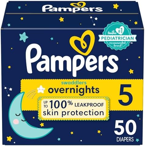 Pampers Overnight Diapers - Swaddlers Overnights - Size 5, 50 Count, Disposable Baby Diaper, Night Time Leak and Skin Protection