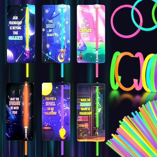 24 Pack Valentines Day Cards for Kids with 30 PCS Glow Sticks, Valentines Cards for Classroom Gift Cards,Valentines Exchange Gift for School, Valentines Party Favors Supplies for Boys Girls
