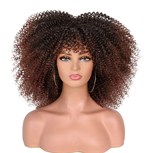 ANNISOUL 14Inch Short Curly Afro Wigs for Black Women Bomb Afro Kinky Curly Wig with Bangs Synthetic Fiber Full Wig(Dark Brown)