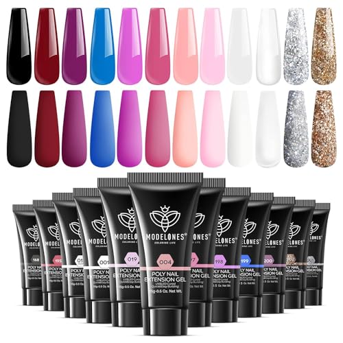 Modelones 12 Colors Poly Nail Extension Gel Kit Pink Black White Red Glitter Poly Nail Gel All Seasons Classic Colors Builder Nail Gel Set Holiday Manicure DIY Design Salon at Home Beauty Gifts