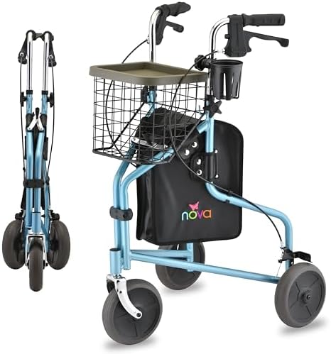 Nova Joy Traveler Folding 3 Wheel Walker with Tray, Basket and Pouch - Lightweight Mobility Aid for Seniors - 8 Inch Wheels - Essential for Tight Spaces and Travel - Sky Blue