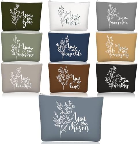 Coume 10 Pcs Boho Flower Canvas Makeup Bags Bulk Aesthetic Inspirational Quotes Cosmetic Zipper Personalized Encouragement Travel Pouch Toiletry Bag Women Teacher Friend Birthday Gifts