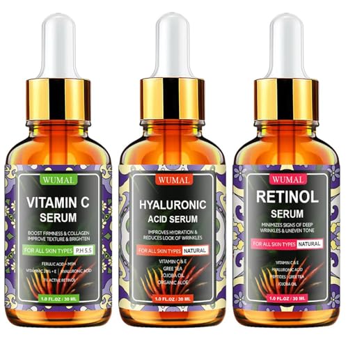 3 Pack Face Serum Set - Vitamin C Serum, Retinol Serum & Hyaluronic Acid Serum - Firming, Brightening & Hydrating - Reset Your Skin Day and Night