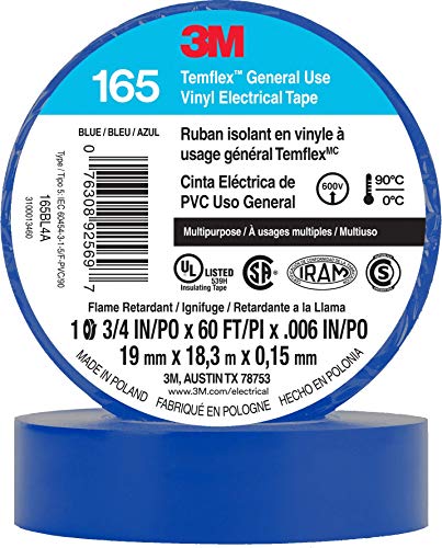 3M Temflex Multi-Purpose Vinyl Electrical Tape 165, Blue, 3/4 in x 60 ft (19 mm x 18 m), 10 Roll Pack