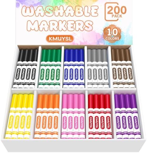 KMUYSL 200 Count Washable Markers Bulk, Markers in 10 Assorted Colors - Broad Line Conical Tip Coloring Markers for Kids, School Art Supplies & Back to School Supplies, Classroom Must Haves