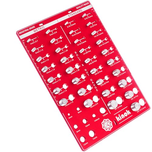 42 Nut and Bolt Thread Checker, Kinok Bolt Size and Thread Gauge, 19 Standard & 15 Metric Sizes & 8 Drill Bit Gauge Bolt and Nut Identifier Gauge with Inch and Centimeter Ruler Red