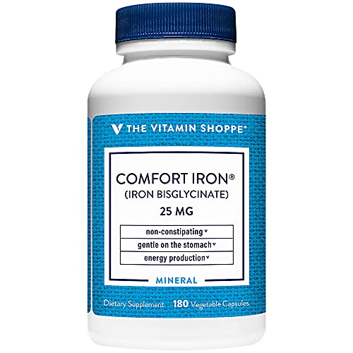 The Vitamin Shoppe Comfort Iron 25MG, Clinically Studied Iron Bisglycinate, Energy Production & Immune Support, Gentle & Non-Constipating Supplement (180 Veggie Capsules)