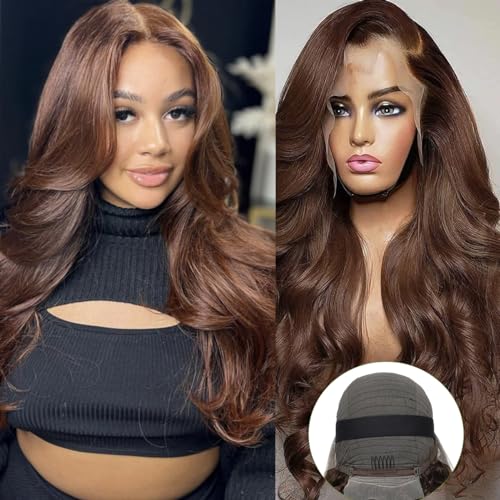 Brown Body Wave Lace Front Wigs Human Hair 13x4 Transparent Lace Frontal Wig Chocolate Brown Human Hair Lace Front Wigs 180% Density Body Wave Colored Human Hair Lace Front Wigs for Women