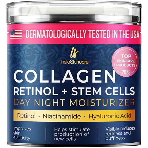 Collagen Face Moisturizer with Airless Pump - Collagen Botanical Stem Cells Cream for Skin with Retinol, Niacinamide, Hyaluronic Acid - Anti-Aging Day & Night Cream - Made in USA (1.7Oz)