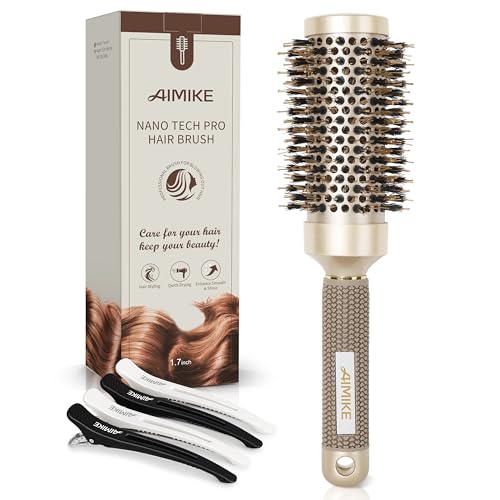 AIMIKE Round Brush, Nano Thermal Ceramic & Ionic Tech Hair Brush, Round Barrel Brush with Boar Bristles for Blow Drying, Styling, Curling, Add Volume & Shine (2.9 inch, Barrel 1.7 inch) + 4 Clips