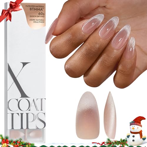 BTArtboxnails XCOATTIPS Press on Nails - Cat Eye Christmas Press on Nails, French Tip Nails Medium Almond Nail Tips, Soft Gel Nails False Nail, Soak Off Acrylic Fake Nails Extensions
