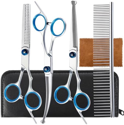 5 in 1 Premium Dog Grooming Scissors, Professional Dog Scissors for Grooming with Safety Round Tips, Lengnoyp Stainless Steel Thinning Shears, Dog Pet Cat Shears for Grooming Kit
