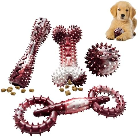4 Pack Puppy Toys for 2-8 Months Pets Dog Chew Toy for Small Puppies Teething Toys for Cleaning Teeth Food Dispensing Soft Durable Rubber Bone Funny Ball Interactive Donut Treat Dumbbell (Meat)