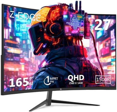 Z-Edge 27-inch Curved Gaming Monitor 16:9 2560x1440 165/144Hz 1ms Frameless LED Gaming Monitor, UG27Q AMD Freesync Premium Display Port HDMI