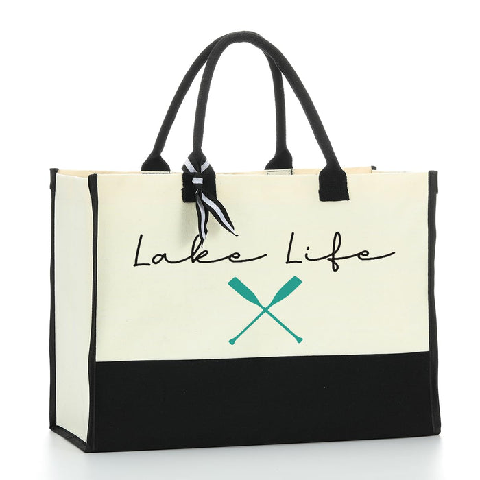 Lake Life Canvas Tote Bag Gifts for Women Friends Her Birthday Christmas Large Waterproof Collapsible Handbag Shoulder Bag for Boating Holiday Travel Weekend Camping Reusable Shopping Tote Grocery Bag