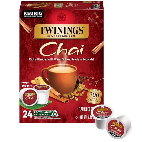 Twinings Chai Black Tea K-Cup Pods for Keurig, 24 Count (Pack of 1), Naturally Sweet and Savoury Spice Flavours, Caffeinated, Enjoy Hot or Iced | Packaging May Vary