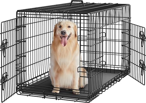 Yaheetech 42 inch Dog Crate Double Door Dog Crate w/Divider for Puppy to Adult XL Collapsible Metal Dog Crate with Removable Tray Wire Dog Kennel Pet Crate for Large Dogs Portable Travel Cage, Black