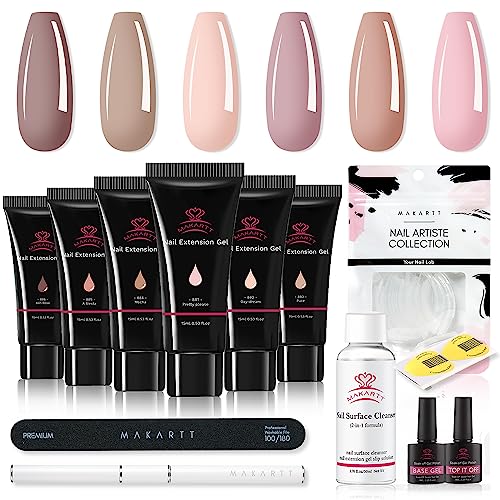 Makartt Poly Nail Gel Kit: 6 Nude Colors Solid Builder 15ML for Extension Enhancement Set with Slip Solution Base Top Coat Dual Forms All in One Hard Gels for Nails Starter Supplies Kit