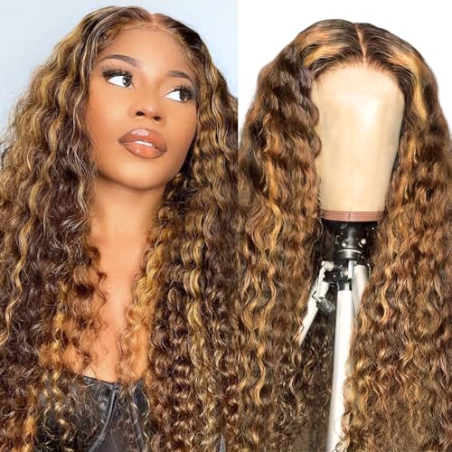 4/27 Deep Wave Human Hair Wig, Highlight Ombre Color, 13x4 HD Transparent Lace Front Wig, 200 Density, Pre-Plucked Hairline with Baby Hair, Glueless, for Women 30 Inch
