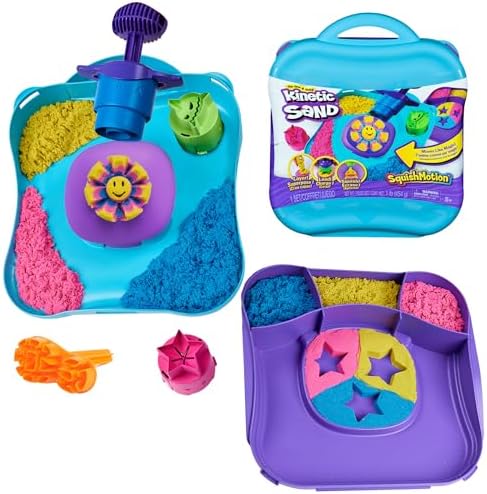 Kinetic Sand, SquishMotion with 1lb Pink, Yellow & Blue Play Sand, Stamper & 5 Tools, Storage Case, Sensory Toys for Kids Ages 5 and up
