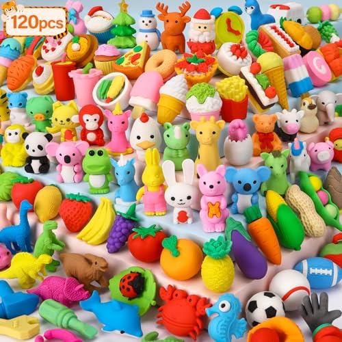 120 Pack Animal Pencil Erasers for Kids - Bulk Desk Pet Toy 3D Mini Puzzle Erasers Take Apart Treasure Box Toys Game Prize Party Favors Gift Classroom Prize Reward Back to School Supplies