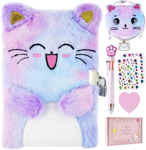 Cat Diary with Lock, Gift for 6 7 8 Year Old Girl, Secret Diary Journal Notebook with Coin Purse, Multicolored Pen, Post-it Note, Stickers, Practical Gift for Birthday (A Happy Cat)