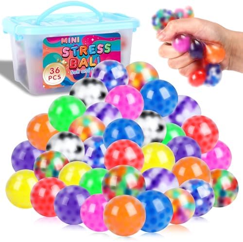 36 Pack Squishy Ball, Stress Balls Bulk for Adults, Mini Stress Balls, Anti-Anxiety and Fidget Balls to Relax, Birthday Gifts, Goodie Bag Stuffers