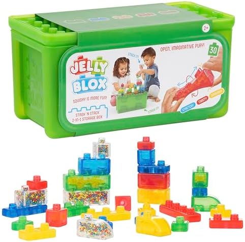 Jelly Blox Stash 'N Stack 2-in-1 Storage Case Including 30 Blocks | Toddler & Preschool Building Blocks Kids Can Squeeze & Stretch | Safety Tested & Ouch-Free | Tactile, Sensory Play Toy for Ages 2+