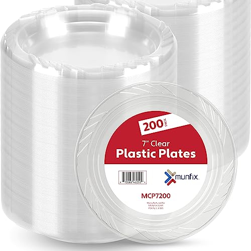 Munfix 200 Clear Plastic Plates Set - 7 Inch Plastic Dessert/Salad Plates, Disposable Plates Bulk Pack, Party Plates for BBQ, Picnic, Parties, Travel and Events, Microwavable Recyclable