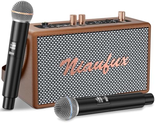Retro Karaoke Machine with Two Wireless Microphones, Portable Bluetooth Speaker for Adults and Kids, Rechargeable PA System for Home Party, AUX/USB/TF/OTG Support, Vintage Decor Gifts - Brown