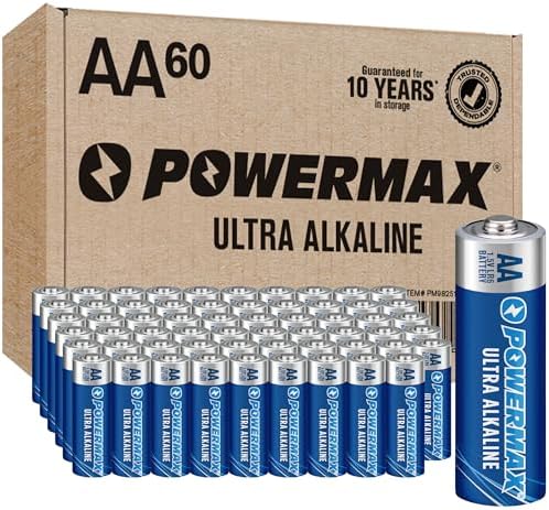 Powermax 60-Count Double AA Batteries, Ultra Long Lasting Alkaline Battery, 10-Year Shelf Life, Reclosable Packaging